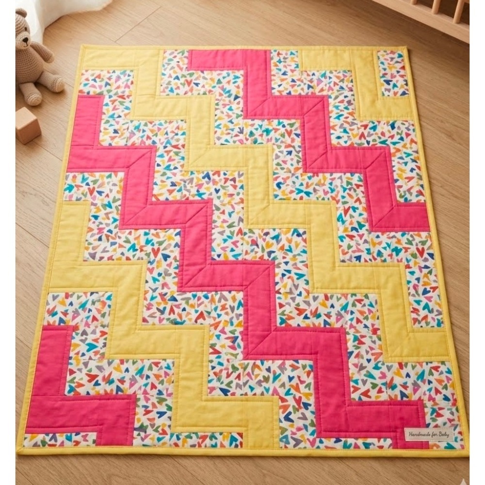 Handmade Yellow Pink Baby Quilt 52x40 Zigzag Heart Print Geometric Nursery Decor